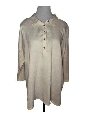 J.Jill Love Linen Tan/Cream Popover Tunic Top With 3/4 Sleeves Size L